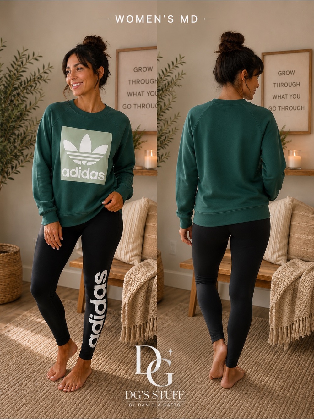 adidas Forest Green Logo Crewneck Sweatshirt with black leggings